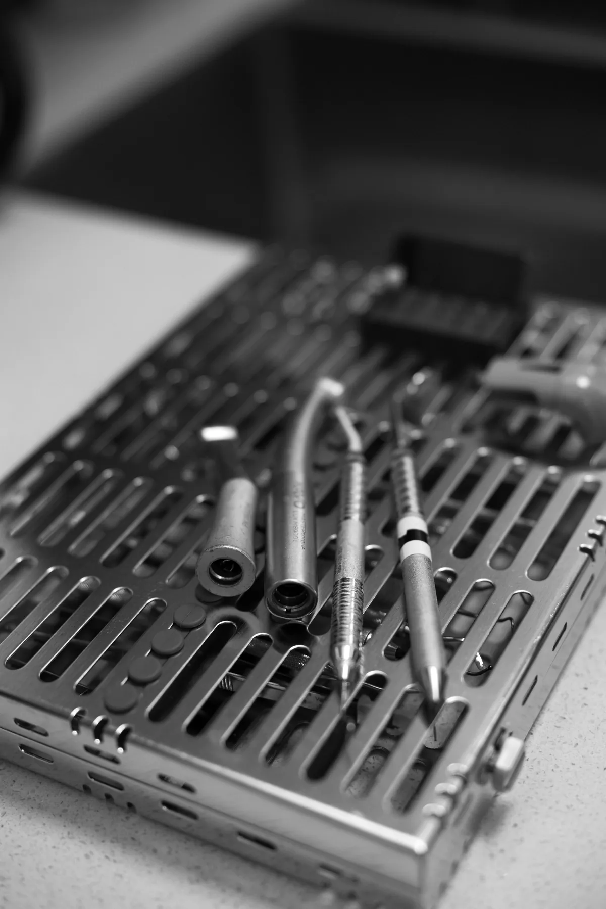 Sterilized dental instruments arranged in a cassette tray